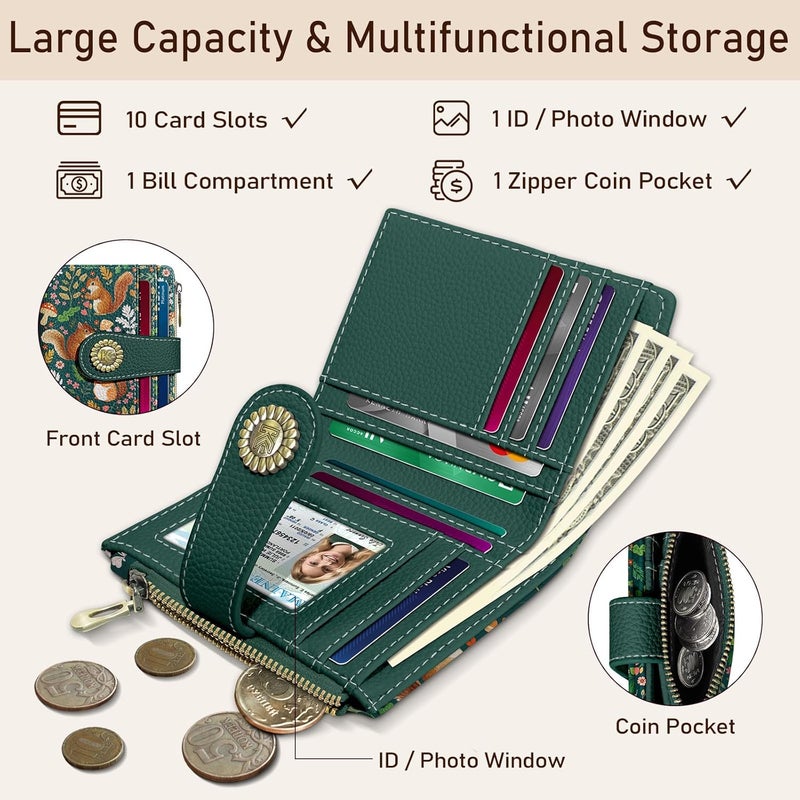 Kelvoris Cute Squirrels Small Rfid Women Wallet Bifold Zipper Coin Pocket PU Leather Compact Cash Credit Card Holder Travel Wallet for Female Ladies Teen Girls 1 ID Window 10 Card Slots - Image 4